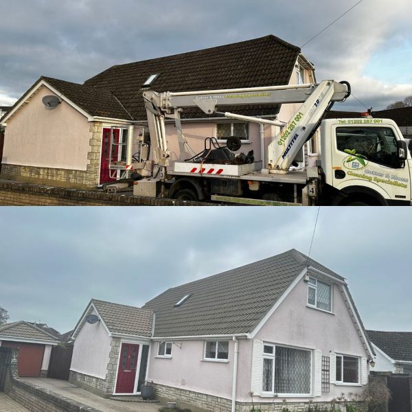 A before and after of a roof clean in Dorset